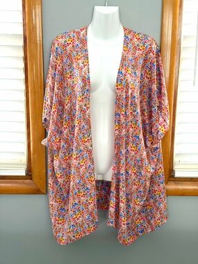 LOFT Floral Open-Front Kimono Jacket - Red, Blue, Yellow, size M/L
